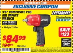 Harbor Freight ITC Coupon EARTHQUAKE 3/8 IN. COMPOSITE AIR IMPACT WRENCH Lot No. 63061 Expired: 2/28/19 - $84.99