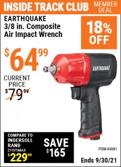 Harbor Freight ITC Coupon EARTHQUAKE 3/8 IN. COMPOSITE AIR IMPACT WRENCH Lot No. 63061 Expired: 9/30/21 - $64.99