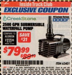 Harbor Freight ITC Coupon 2500 GPH SUBMERSIBLE WATERFALL PUMP Lot No. 63401 Expired: 7/31/19 - $79.99