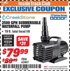 Harbor Freight ITC Coupon 2500 GPH SUBMERSIBLE WATERFALL PUMP Lot No. 63401 Expired: 6/30/20 - $79.99