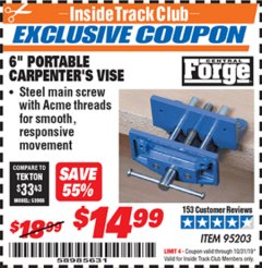 Harbor Freight ITC Coupon 6' PORTABLE CARPENTERS VISE Lot No. 95203 Expired: 10/31/19 - $14.99