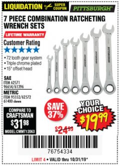Harbor Freight Coupon 7 PIECE COMBINATION RATCHETING WRENCH SET Lot No. 62571 / 96654 / 61396 / 95552 / 62572 / 61400 Expired: 10/31/19 - $19.99