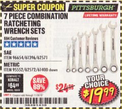 Harbor Freight Coupon 7 PIECE COMBINATION RATCHETING WRENCH SET Lot No. 62571 / 96654 / 61396 / 95552 / 62572 / 61400 Expired: 11/30/19 - $19.99