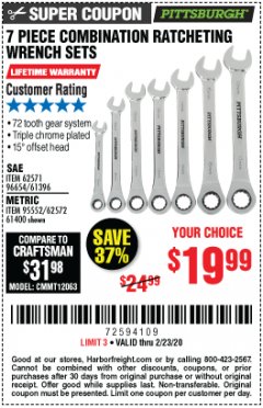 Harbor Freight Coupon 7 PIECE COMBINATION RATCHETING WRENCH SET Lot No. 62571 / 96654 / 61396 / 95552 / 62572 / 61400 Expired: 2/23/20 - $19.99