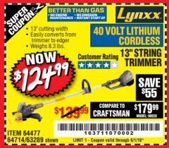 Harbor Freight Coupon LYNXX 13" STRING TRIMMER Lot No. 64477/63289 Expired: 6/1/19 - $124.99