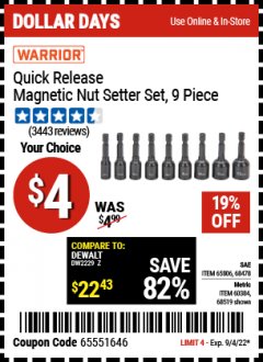Harbor Freight Coupon 9 PIECE QUICK CHANGE MAGNETIC NUTSETTER SETS Lot No. 65806/68478/68519/60384 Expired: 9/4/22 - $4