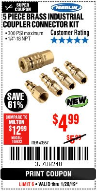 Harbor Freight Coupon 5 PIECE BRASS INDUSTRIAL COUPLER CONNECTOR KIT Lot No. 63557 Expired: 1/20/19 - $4.99
