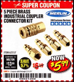 Harbor Freight Coupon 5 PIECE BRASS INDUSTRIAL COUPLER CONNECTOR KIT Lot No. 63557 Expired: 3/31/20 - $5.99