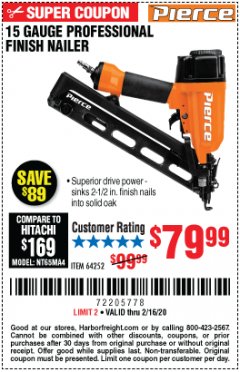 Harbor Freight Coupon PIERCE 15 GAUGE FINISH NAILER Lot No. 64252 Expired: 2/16/20 - $79.99