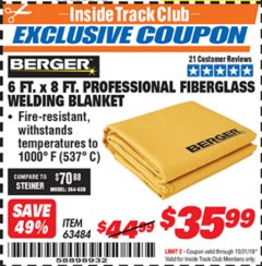 Harbor Freight ITC Coupon 6 FT. X 8 FT. PROFESSIONAL FIBERGLASS WELDING BLANKET Lot No. 63484 Expired: 10/31/19 - $35.99