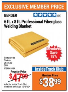 Harbor Freight ITC Coupon 6 FT. X 8 FT. PROFESSIONAL FIBERGLASS WELDING BLANKET Lot No. 63484 Expired: 12/3/20 - $38.99