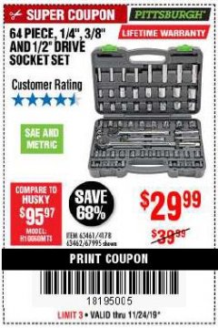 Harbor Freight Coupon 64 PIECE 1/4", 3/8", 1/2" DRIVE SOCKET SET Lot No. 69261/63461/63462/67995 Expired: 11/24/19 - $29.99