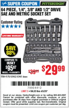 Harbor Freight Coupon 64 PIECE 1/4", 3/8", 1/2" DRIVE SOCKET SET Lot No. 69261/63461/63462/67995 Expired: 6/30/20 - $29.99