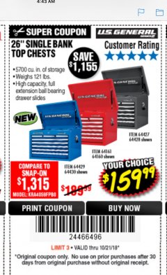 Harbor Freight Coupon 26" SINGLE BANK TOP CHESTS Lot No. 64160/64161/64429/64430/64427/64428/56107/56231/56109/56232/56108/56230 Expired: 10/21/18 - $159.99
