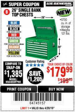 Harbor Freight Coupon 26" SINGLE BANK TOP CHESTS Lot No. 64160/64161/64429/64430/64427/64428/56107/56231/56109/56232/56108/56230 Expired: 4/28/19 - $179.99