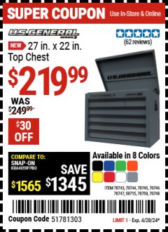 Harbor Freight Coupon 26" SINGLE BANK TOP CHESTS Lot No. 64160/64161/64429/64430/64427/64428/56107/56231/56109/56232/56108/56230 Expired: 4/28/24 - $219.99