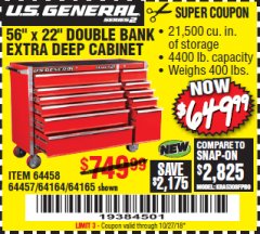 Harbor Freight Coupon 56" X 22" DOUBLE BANK EXTRA DEEP CABINETS Lot No. 64458/64457/64164/64165/64866/64864/56110/56111/56112 Expired: 10/27/18 - $649.99