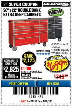 Harbor Freight Coupon 56" X 22" DOUBLE BANK EXTRA DEEP CABINETS Lot No. 64458/64457/64164/64165/64866/64864/56110/56111/56112 Expired: 9/30/18 - $699.99