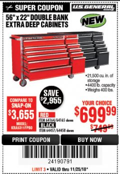 Harbor Freight Coupon 56" X 22" DOUBLE BANK EXTRA DEEP CABINETS Lot No. 64458/64457/64164/64165/64866/64864/56110/56111/56112 Expired: 11/25/18 - $699.99