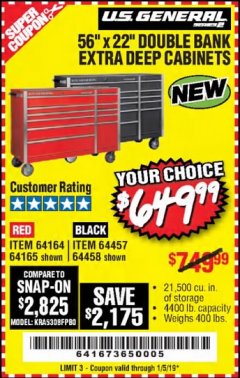 Harbor Freight Coupon 56" X 22" DOUBLE BANK EXTRA DEEP CABINETS Lot No. 64458/64457/64164/64165/64866/64864/56110/56111/56112 Expired: 1/5/19 - $649.99