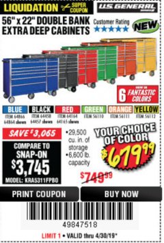 Harbor Freight Coupon 56" X 22" DOUBLE BANK EXTRA DEEP CABINETS Lot No. 64458/64457/64164/64165/64866/64864/56110/56111/56112 Expired: 4/30/19 - $679.99