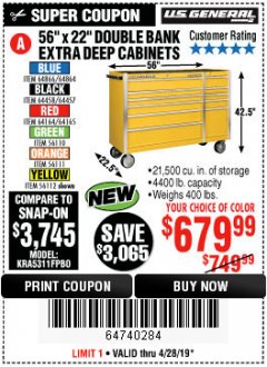 Harbor Freight Coupon 56" X 22" DOUBLE BANK EXTRA DEEP CABINETS Lot No. 64458/64457/64164/64165/64866/64864/56110/56111/56112 Expired: 4/28/19 - $679.99