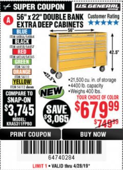 Harbor Freight Coupon 56" X 22" DOUBLE BANK EXTRA DEEP CABINETS Lot No. 64458/64457/64164/64165/64866/64864/56110/56111/56112 Expired: 4/28/19 - $679.99