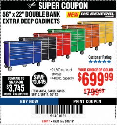 Harbor Freight Coupon 56" X 22" DOUBLE BANK EXTRA DEEP CABINETS Lot No. 64458/64457/64164/64165/64866/64864/56110/56111/56112 Expired: 8/18/19 - $699.99