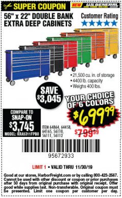 Harbor Freight Coupon 56" X 22" DOUBLE BANK EXTRA DEEP CABINETS Lot No. 64458/64457/64164/64165/64866/64864/56110/56111/56112 Expired: 11/30/19 - $699.99