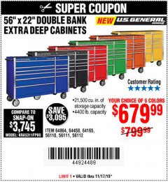 Harbor Freight Coupon 56" X 22" DOUBLE BANK EXTRA DEEP CABINETS Lot No. 64458/64457/64164/64165/64866/64864/56110/56111/56112 Expired: 11/17/19 - $679.99