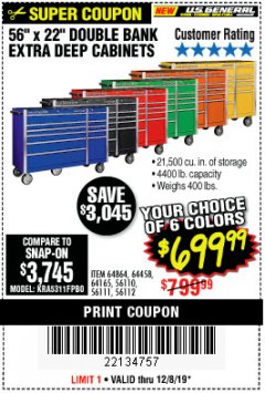 Harbor Freight Coupon 56" X 22" DOUBLE BANK EXTRA DEEP CABINETS Lot No. 64458/64457/64164/64165/64866/64864/56110/56111/56112 Expired: 12/8/19 - $699.99