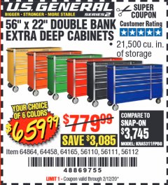 Harbor Freight Coupon 56" X 22" DOUBLE BANK EXTRA DEEP CABINETS Lot No. 64458/64457/64164/64165/64866/64864/56110/56111/56112 Expired: 2/12/20 - $659.99