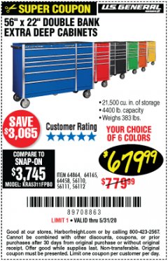 Harbor Freight Coupon 56" X 22" DOUBLE BANK EXTRA DEEP CABINETS Lot No. 64458/64457/64164/64165/64866/64864/56110/56111/56112 Expired: 6/30/20 - $679.99