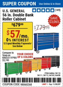 Harbor Freight Coupon 56" X 22" DOUBLE BANK EXTRA DEEP CABINETS Lot No. 64458/64457/64164/64165/64866/64864/56110/56111/56112 Expired: 11/30/20 - $679.99