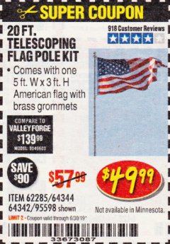 Harbor Freight Coupon 20 FT. TELESCOPING FLAG POLE Lot No. 62285/64344/64342/95598 Expired: 6/30/19 - $49.99