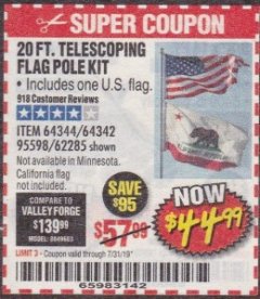 Harbor Freight Coupon 20 FT. TELESCOPING FLAG POLE Lot No. 62285/64344/64342/95598 Expired: 7/31/19 - $44.99