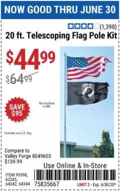 Harbor Freight Coupon 20 FT. TELESCOPING FLAG POLE Lot No. 62285/64344/64342/95598 Expired: 6/30/20 - $44.99