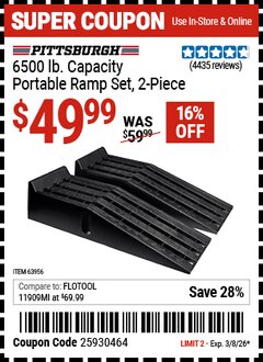 Harbor Freight Coupon PITTSBURGH 6500 LB. CAPACITY PORTABLE RAMP SET, 2-PIECE Lot No. 63956 Valid Thru: 3/8/26 - $49.99