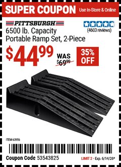 Harbor Freight Coupon PITTSBURGH 6500 LB. CAPACITY PORTABLE RAMP SET, 2-PIECE Lot No. 63956 Expired: 6/14/26 - $44.99