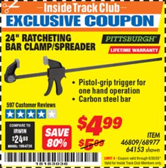 Harbor Freight ITC Coupon 24" RATCHET BAR CLAMP/SPREADER Lot No. 68977/62112/64153/46809 Expired: 6/30/20 - $4.99