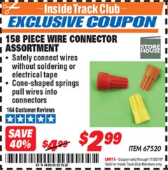 Harbor Freight ITC Coupon 158 PIECE WIRE CONNECTOR ASSORTMENT Lot No. 67520 Expired: 11/30/19 - $2.99