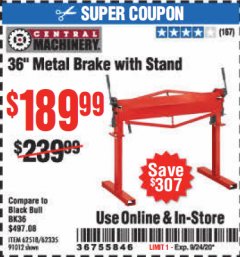 Harbor Freight Coupon 36" METAL BRAKE WITH STAND Lot No. 91012/62335/62518 Expired: 9/24/20 - $189.99
