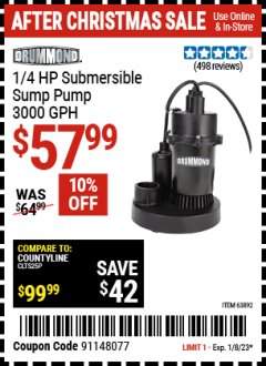 Harbor Freight Coupon 1/4 HP SUBMERSIBLE SUMP PUMP WITH TETHER FLOAT Lot No. 63892 Expired: 1/8/23 - $57.99