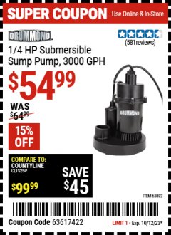 Harbor Freight Coupon 1/4 HP SUBMERSIBLE SUMP PUMP WITH TETHER FLOAT Lot No. 63892 Expired: 10/12/23 - $54.99