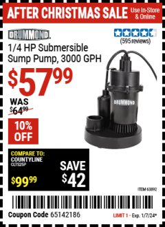 Harbor Freight Coupon 1/4 HP SUBMERSIBLE SUMP PUMP WITH TETHER FLOAT Lot No. 63892 Expired: 1/7/24 - $57.99