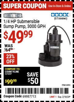 Harbor Freight Coupon 1/4 HP SUBMERSIBLE SUMP PUMP WITH TETHER FLOAT Lot No. 63892 Expired: 2/18/24 - $49.99