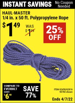Harbor Freight Coupon 1/4" X 50 FT. POLY ROPE Lot No. 90760/62450/62816 Expired: 4/7/22 - $1.49