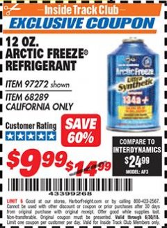 Harbor Freight ITC Coupon 12 OZ. ARTIC FREEZE REFRIGERANT Lot No. 97272/68289 Expired: 6/30/18 - $9.99