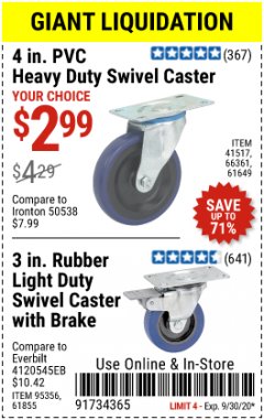 Harbor Freight Coupon 3" RUBBER LIGHT DUTY SWIVEL CASTER WITH BRAKE Lot No. 61855/95356 Expired: 9/30/20 - $2.99