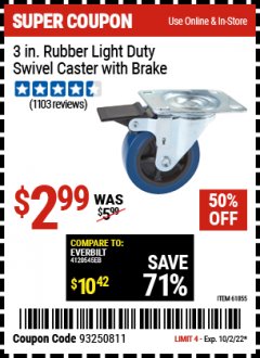 Harbor Freight Coupon 3" RUBBER LIGHT DUTY SWIVEL CASTER WITH BRAKE Lot No. 61855/95356 Expired: 10/2/22 - $2.99